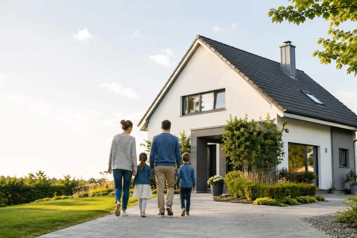 Familie geht Hand in Hand auf ihr Eigenheim zu